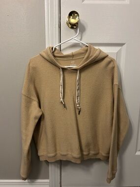 Aerie Cozy Ribbed Hooded Sweater in Light Tan - Size Small